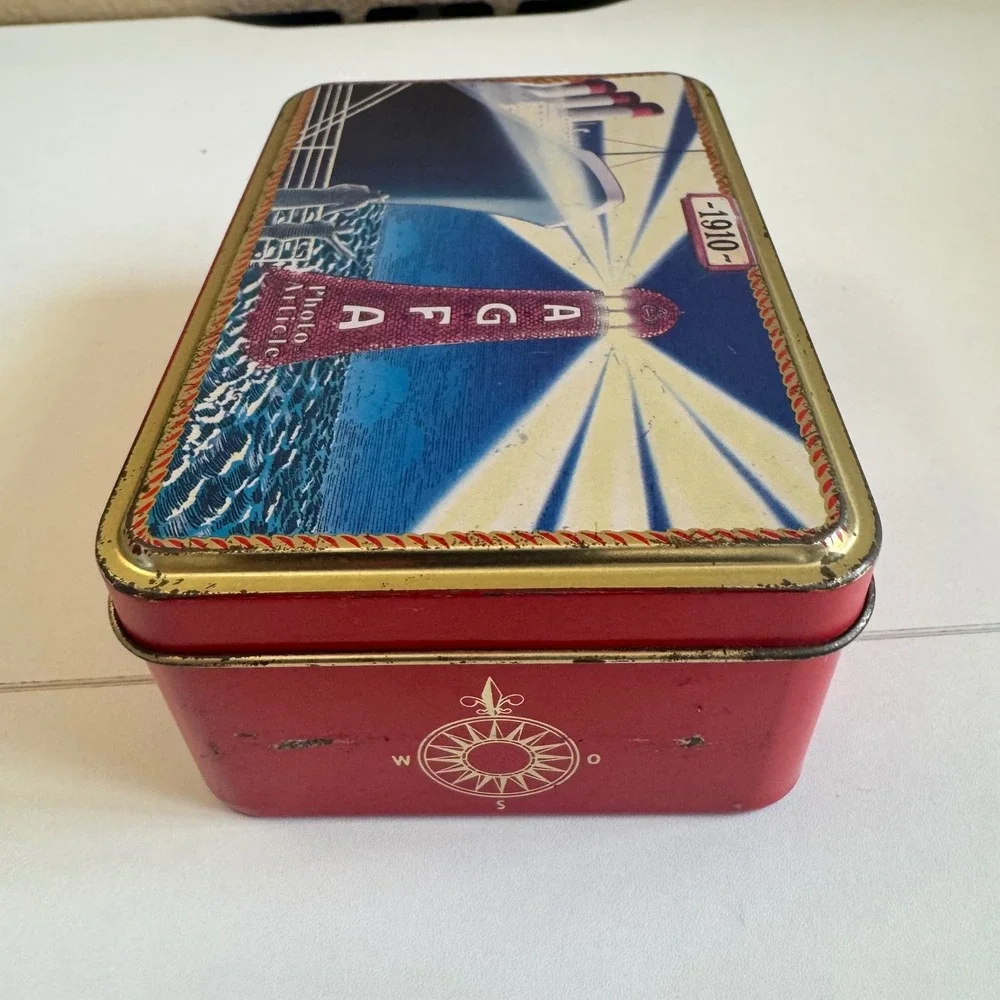 Agfa Photo Article 1910 Steamship Lighthouse Vintage Style Red Metal Tin Box